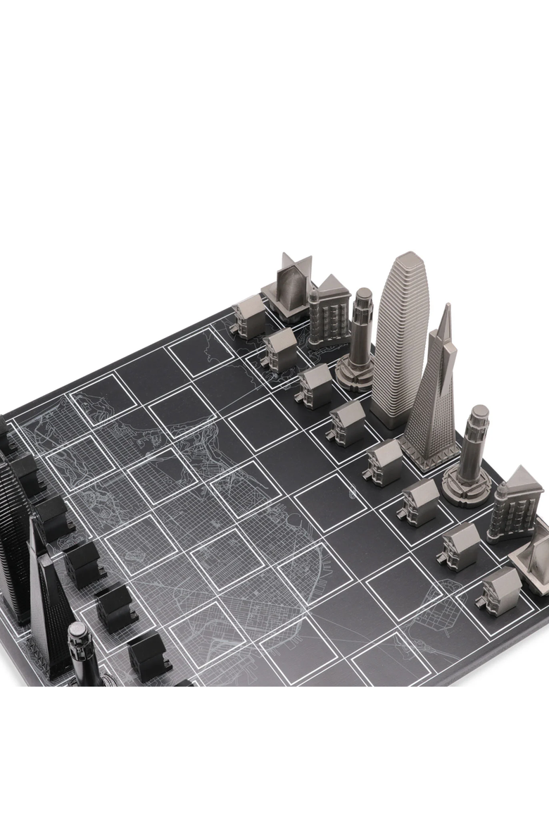 Chess Set Stainless Steel San Francisco with Wood Map Board, Alternate, color, Black