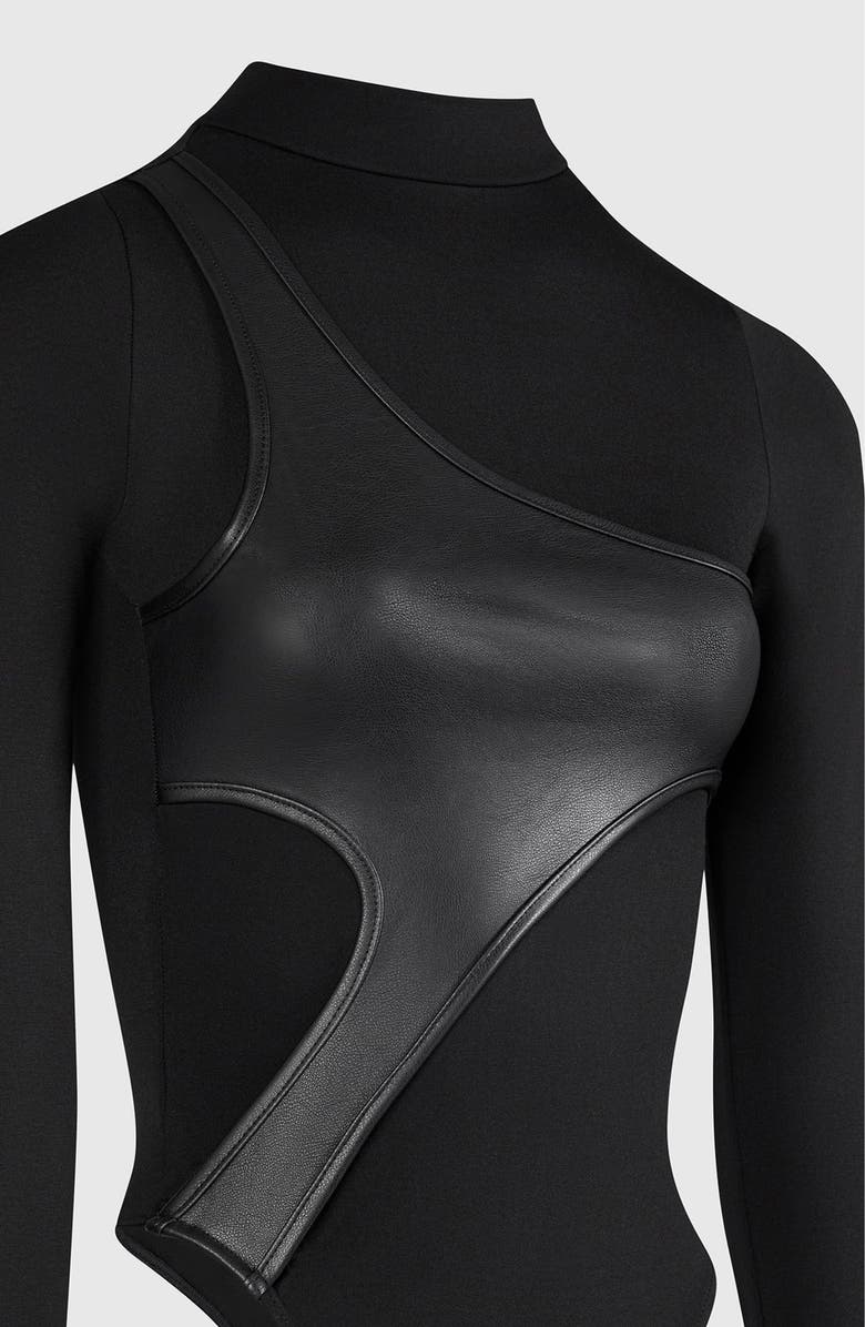 Manière De Voir Leather Overlay High Neck Bodysuit, Alternate, color, Black