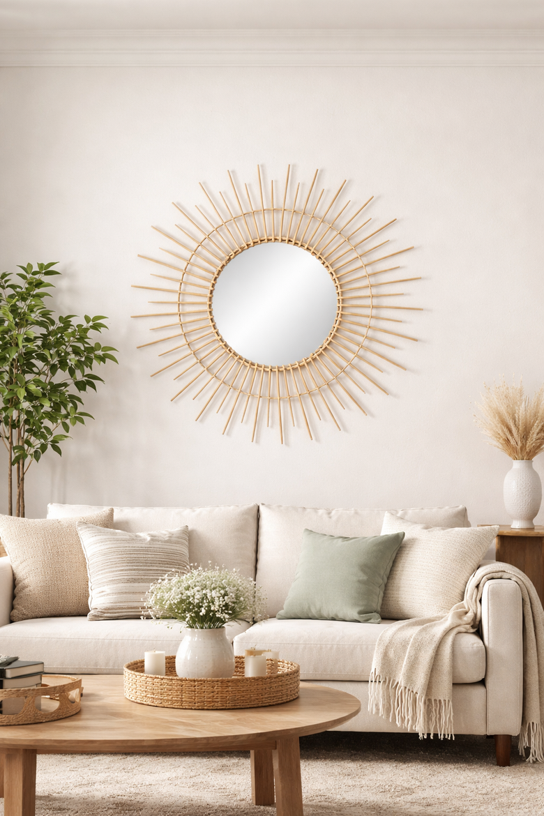 Willow Sunburst Mirror, Decorative Natural Fiber Round Wall Mirror, Alternate, color, Gold