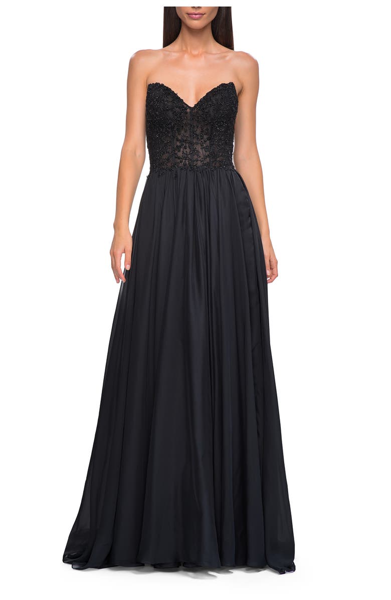 La Femme Chiffon Gown with High Slit and Strapless Lace Top, Main, color, Black