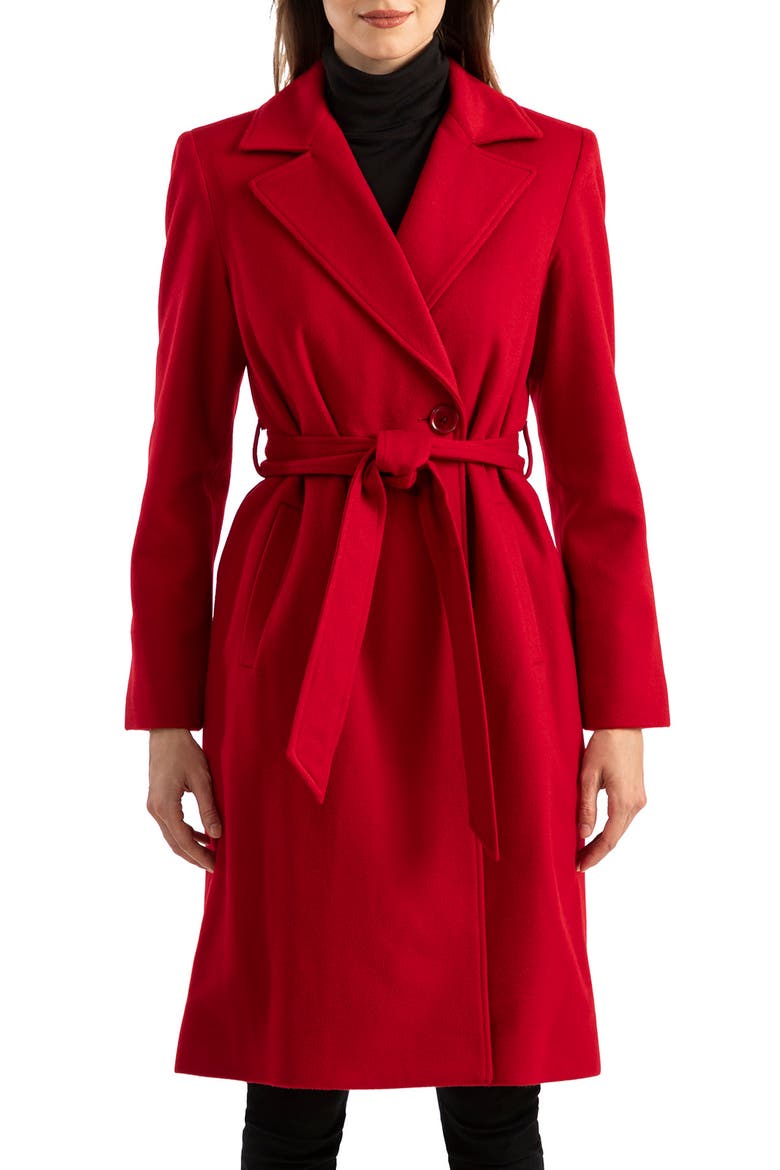 Belted Notch Collar Wool Coat, Main, color, RED