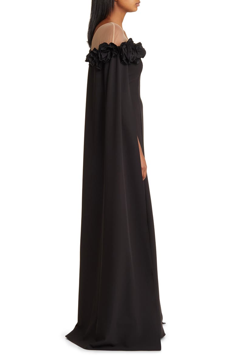 Flower Detail Illusion Shoulder Cape Gown, Alternate, color, BLACK