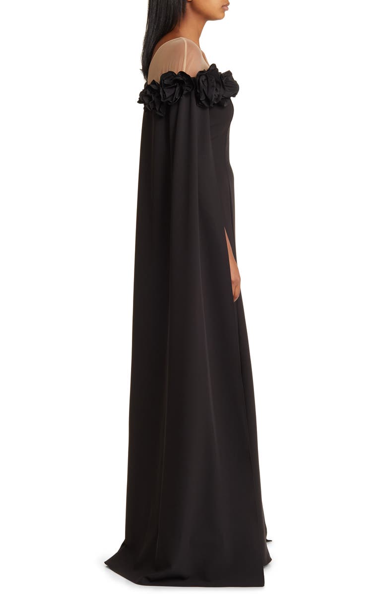 Marchesa Notte Flower Detail Illusion Shoulder Cape Gown, Alternate, color, 