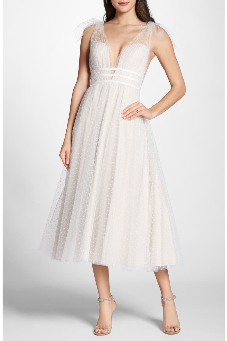 Swiss Dot Tulle Tea Length Wedding Dress, Main, color, IVORY