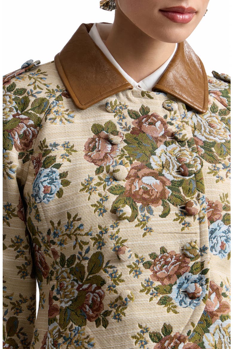 Shrunken Floral Tapestry Blazer with Faux Leather Collar, Alternate, color, TAUPE FLORAL MULTI