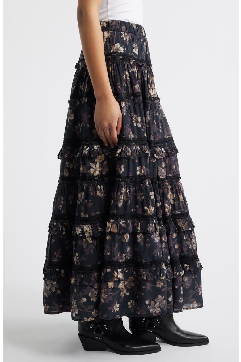 Talia Floral Print Ruffle Lace Maxi Skirt, Alternate, color, VINE BLACK