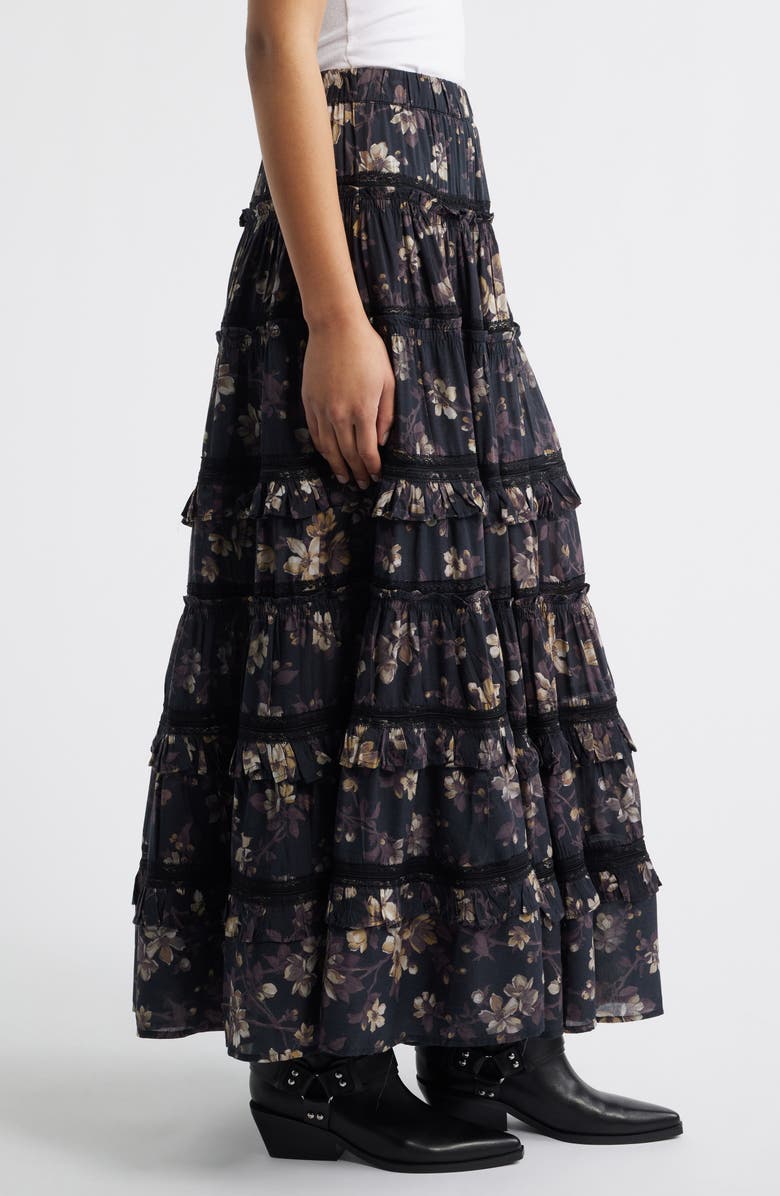 AllSaints Talia Floral Print Ruffle Lace Maxi Skirt, Alternate, color, Vine Black