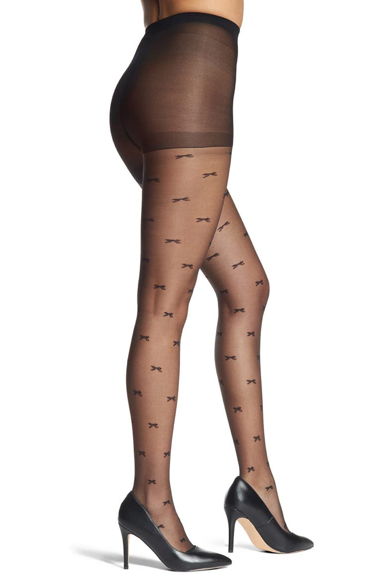 Sheer Bow Tights, Alternate, color, BLACK