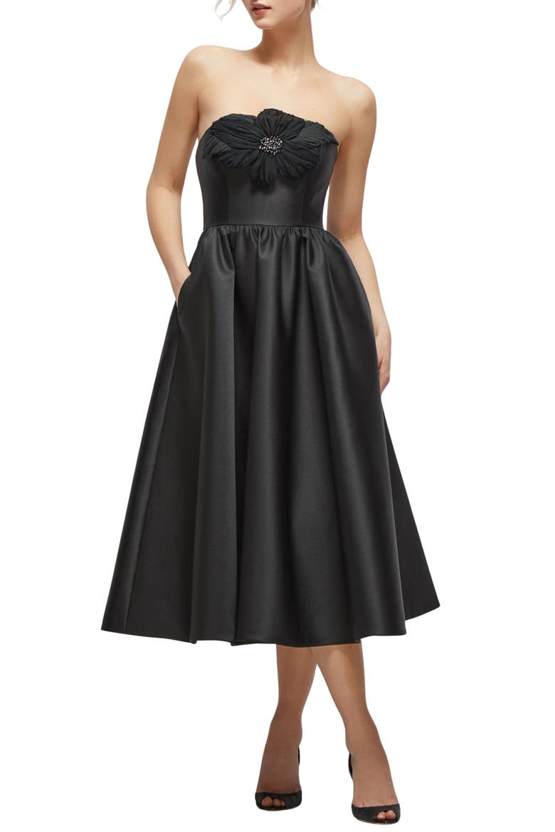Floral Embellished Strapless Fit & Flare Midi Cocktail Dress, Main, color, BLACK