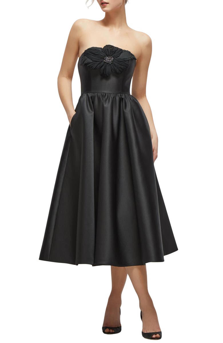 Dessy Collection Floral Embellished Strapless Fit & Flare Midi Cocktail Dress, Main, color, Black