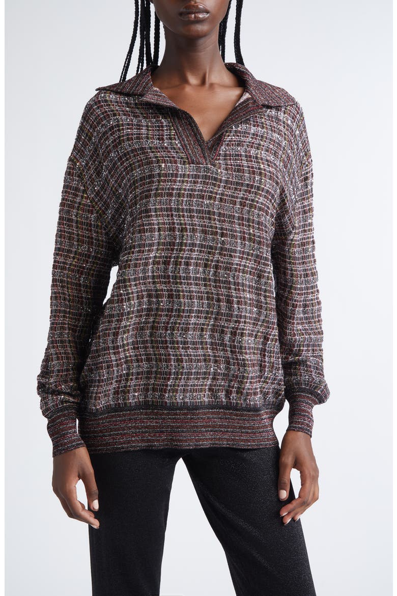 Sequin Embellished Wool Blend Polo Sweater, Main, color, PINK AND BROWN TONES