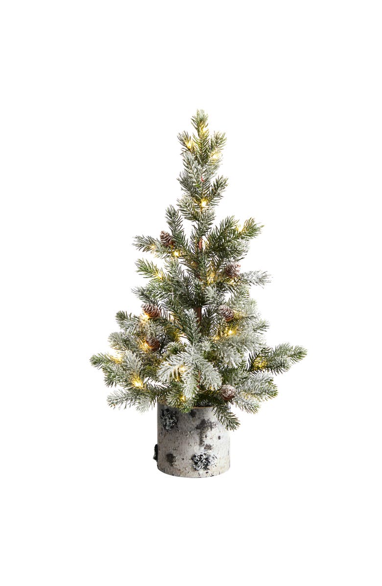 NEARLY NATURAL 24-in Flocked Christmas Artificial Tree in Decorative Birch Bark Planter with 30 LED lights, Main, color, Green