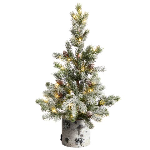 24-in Flocked Christmas Artificial Tree in Decorative Birch Bark Planter with 30 LED lights