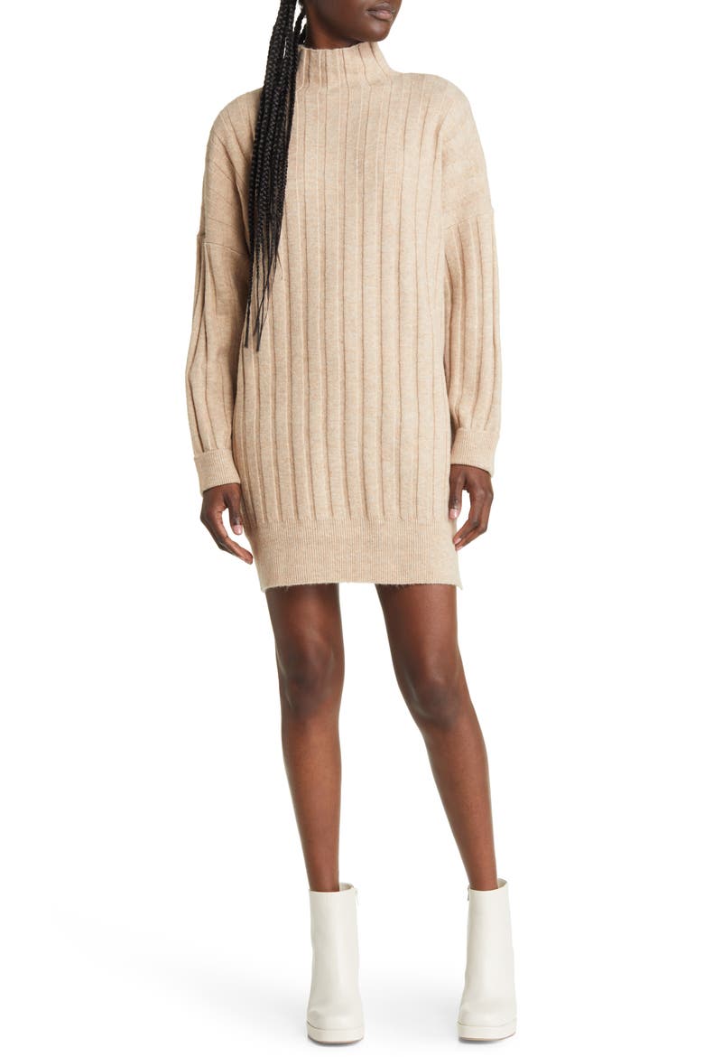 Boxy Ribbed Funnel Neck Long Sleeve Dress, Main, color, NEUTRAL