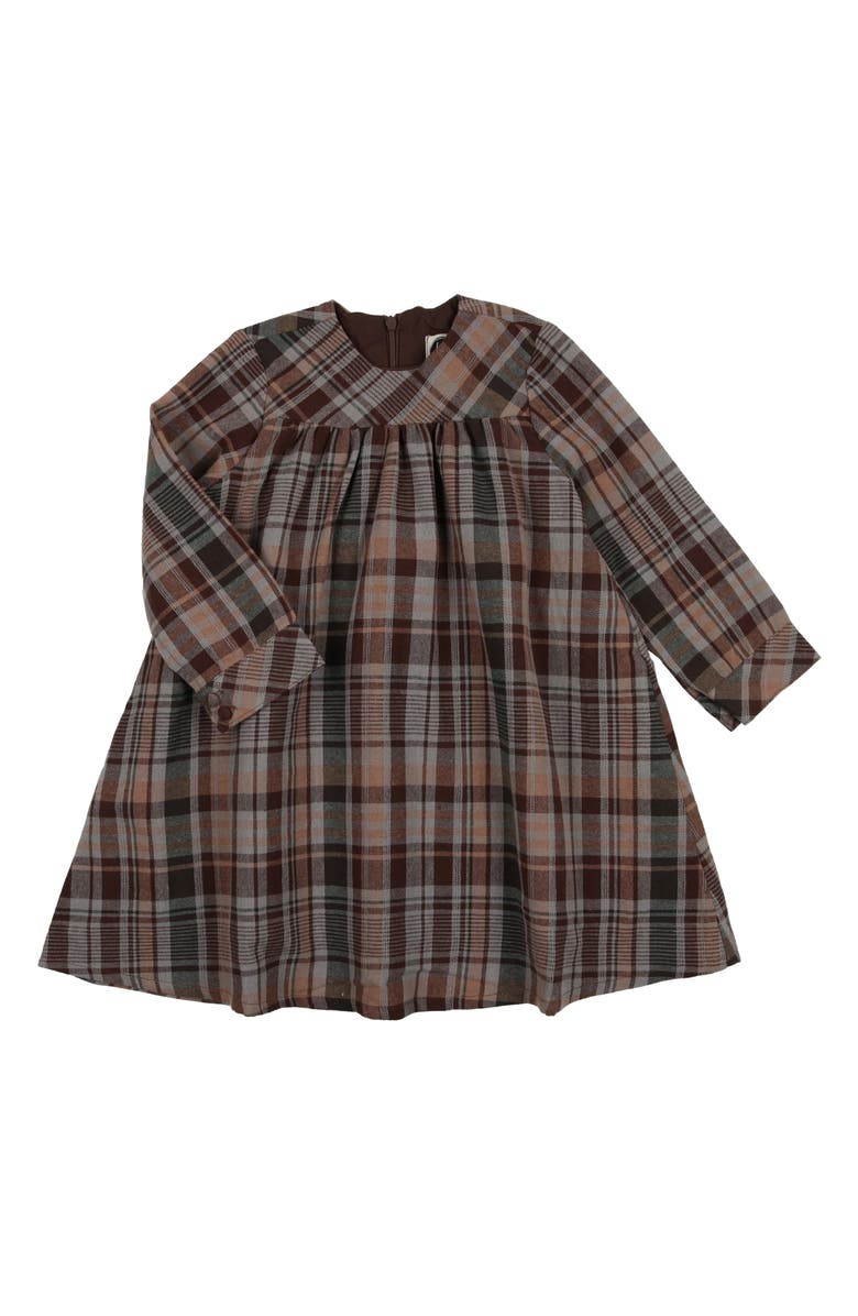 Manière Kids' Plaid Long Sleeve Cotton Blend Dress, Alternate, color, Brown