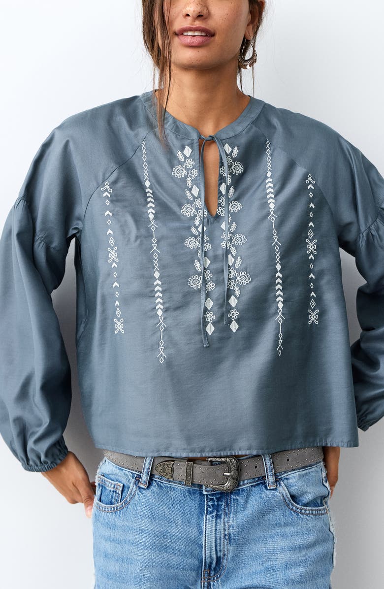 MANGO TEEN Embroidered Peasant Top, Main, color, Sky Blue