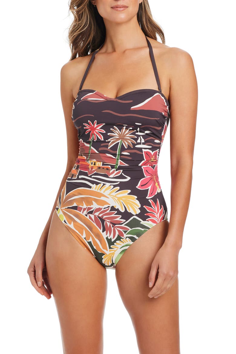 Tropical Print Shirred Bandeau One-Piece Swimsuit, Main, color, DARK GRENACHE