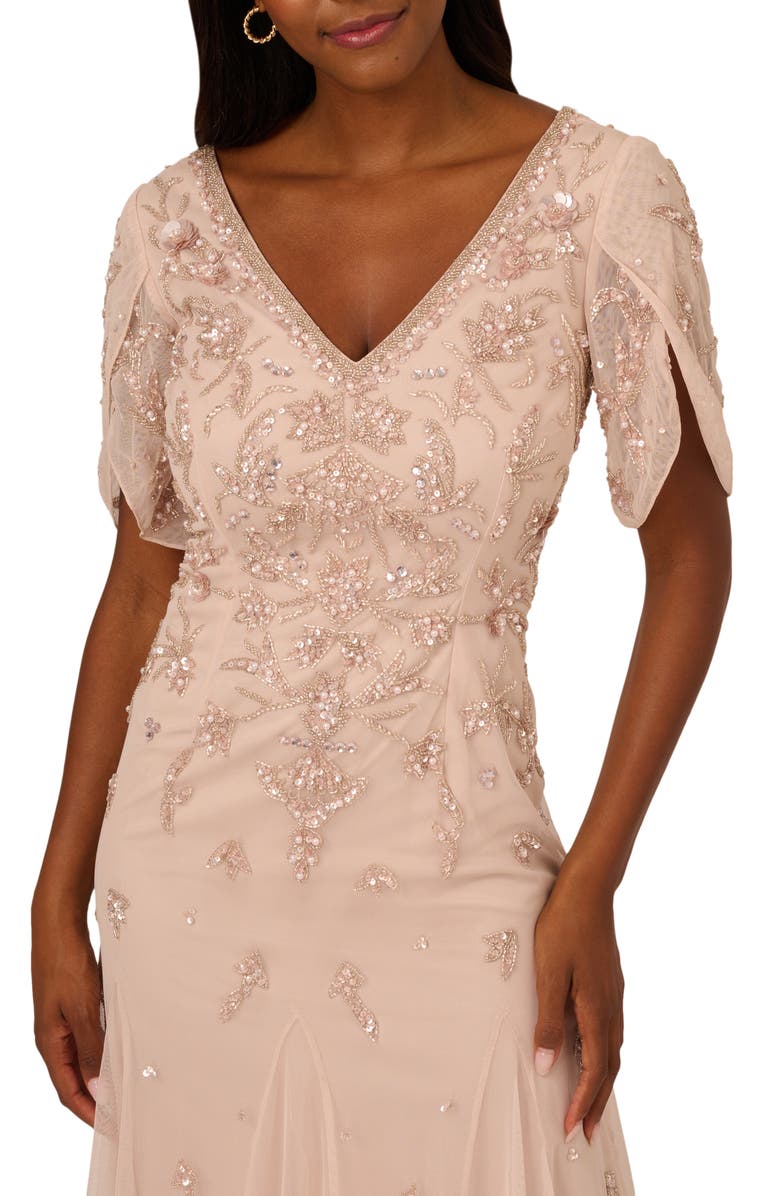 Adrianna Papell Beaded Mesh Godet Midi Cocktail Dress, Alternate, color, 