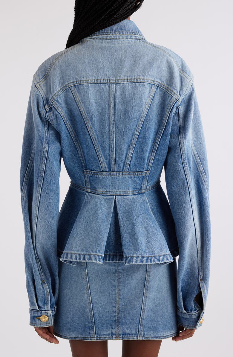 Balmain Peplum Denim Jacket, Alternate, color, 