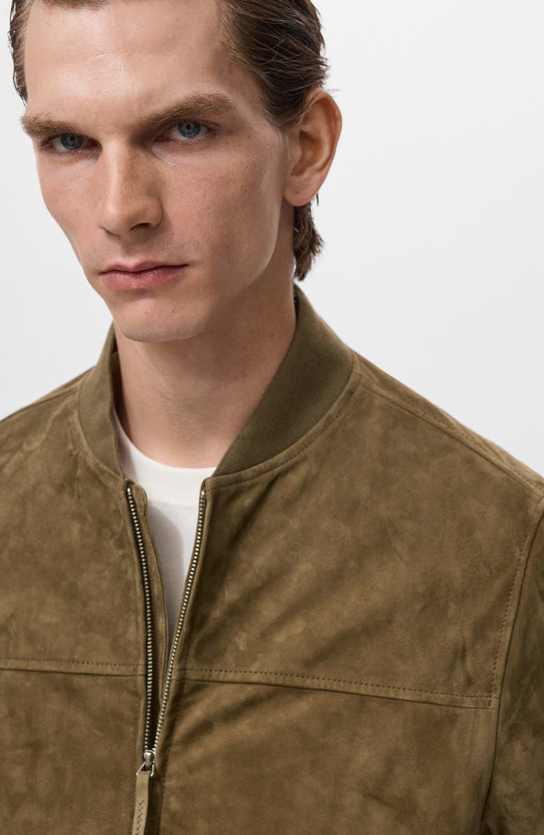 MANGO Goatskin Suede Bomber Jacket, Alternate, color, Khaki