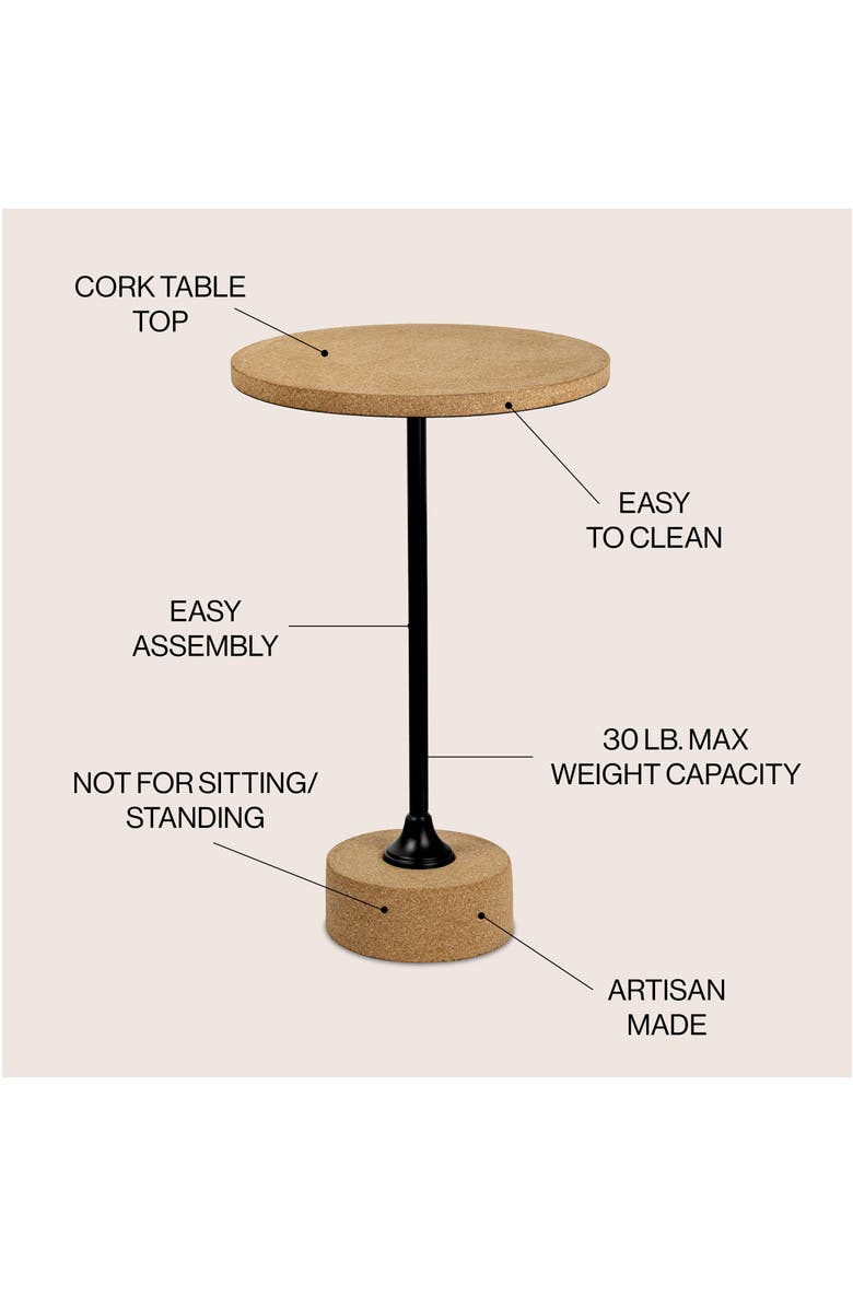 JONATHAN Y Calix Minimalist Round Pedestal End Table, Cork Iron Accent Drink Table for Living Room or Bedroom, Alternate, color, Light Brown