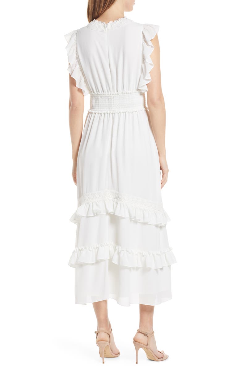 Tahari ASL Ruffle & Lace Tiered Midi Dress, Alternate, color,