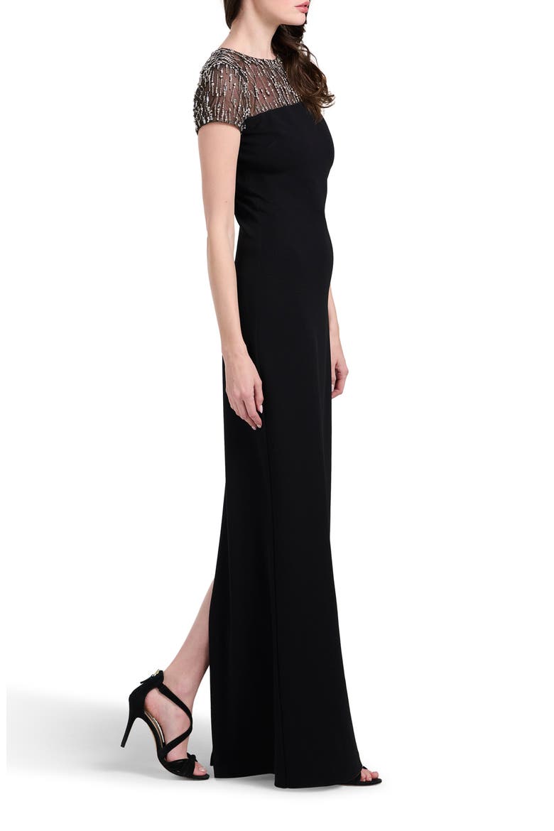 Crystal Embellished Illusion Neck Stretch Crepe Gown, Alternate, color, BLACK