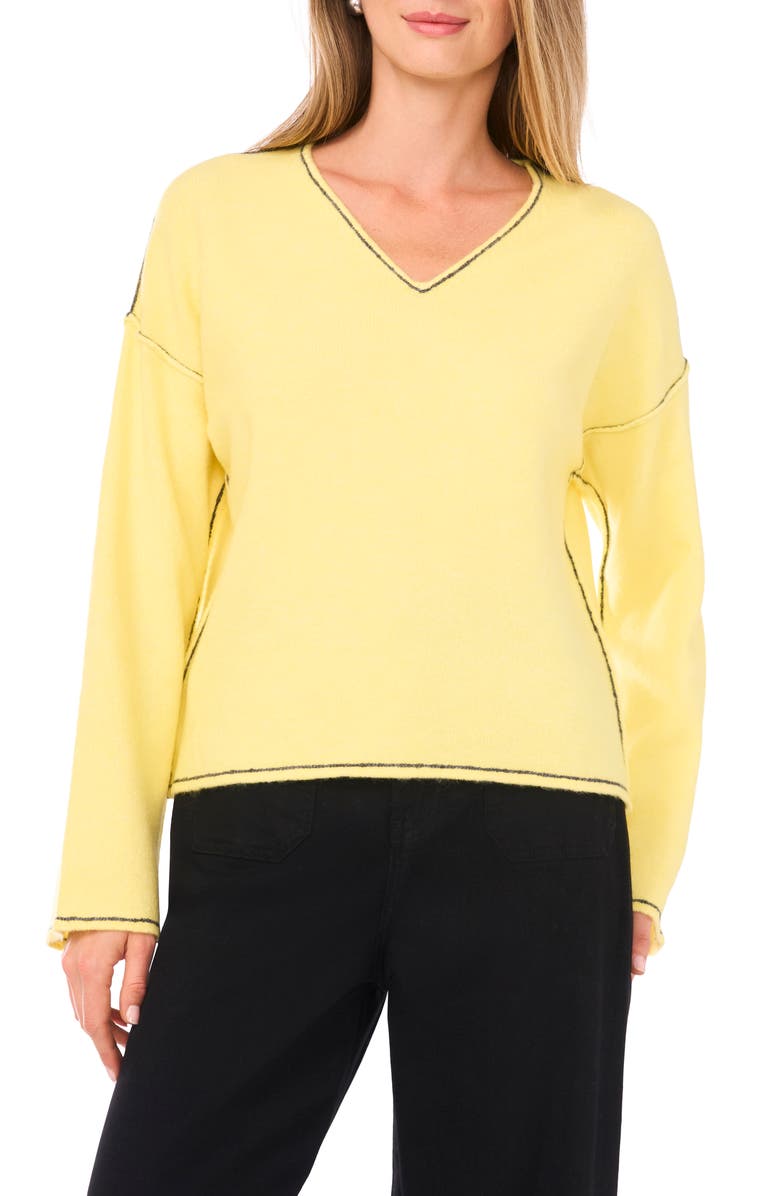 Vince Camuto Contrast Detail V-Neck Sweater, Main, color, Yellow Pear