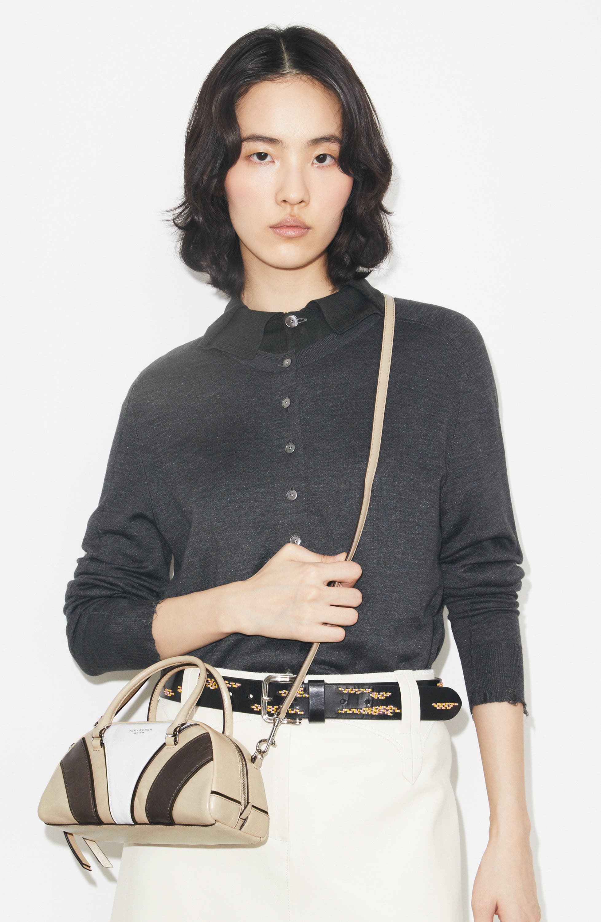 Tory Burch Small Moto Quilt Leather Bowler Top Handle Bag, Alternate, color, Beige Multi