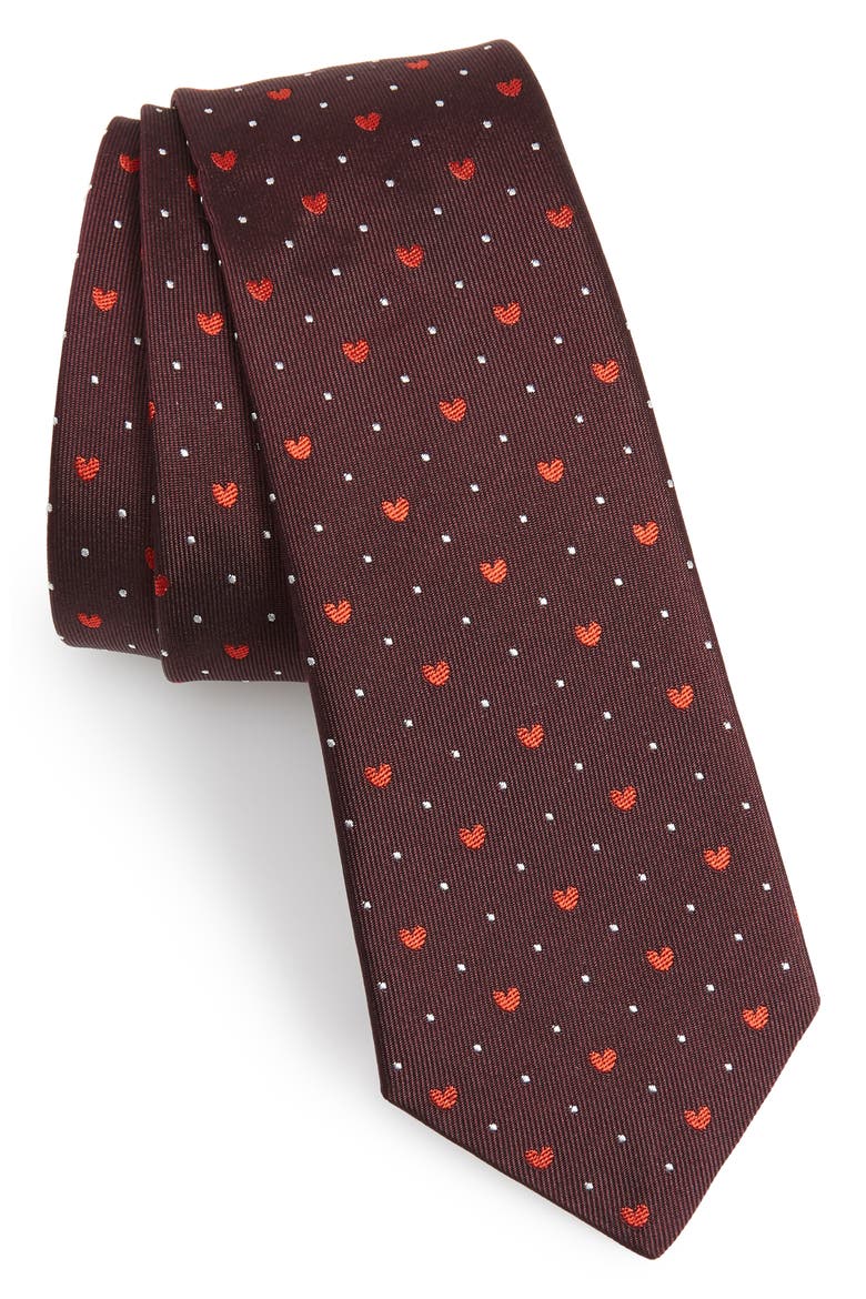 Heart Silk Tie, Main, color, BURGUNDY
