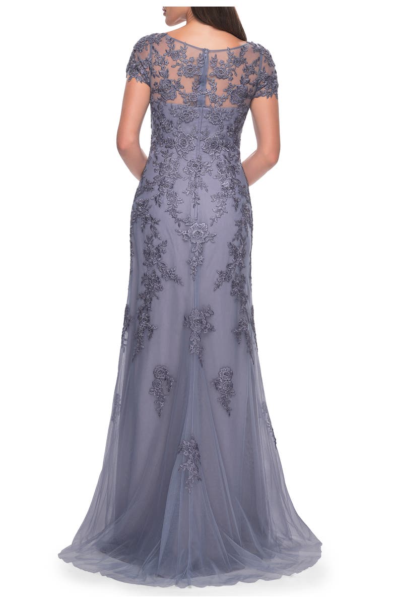 La Femme Lace and Net Fitted Long Mother of the Bride Dress, Alternate, color, Dusty Purple