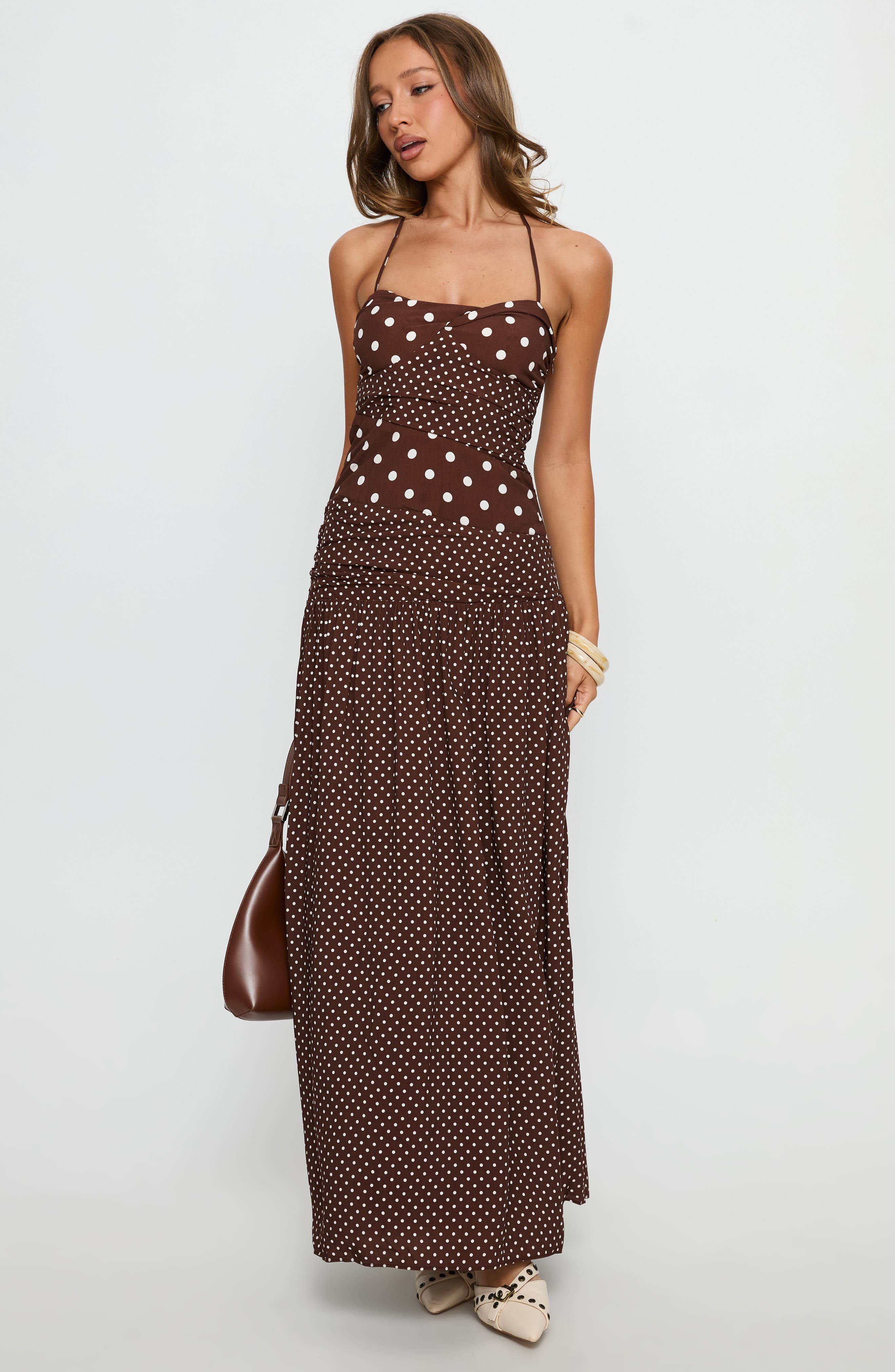 marguerite halter maxi dress white polka Princess Polly Women's Marguerite Halter Dot Print Maxi Dress - Brown