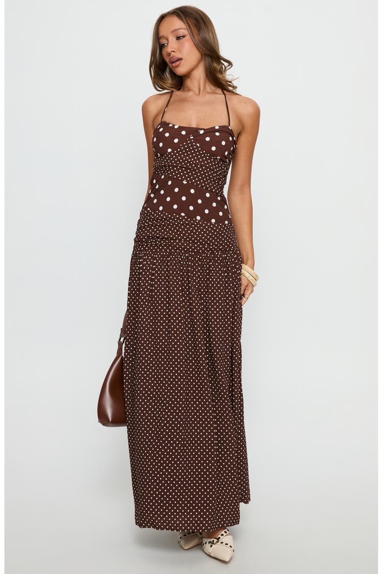 Marguerite Halter Dot Print Maxi Dress, Alternate, color, BROWN POLKA DOT