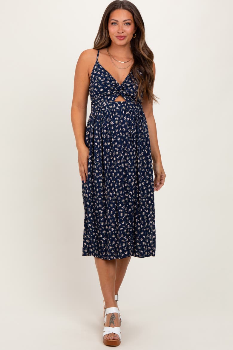 Floral Twist Front Cut Out Midi Dress, Alternate, color, Navy Blue