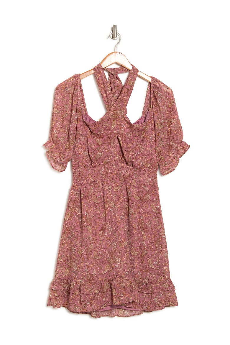Puff Sleeve Tie Front Ruffled Mini Dress, Alternate, color, MAUVE PAISLEY