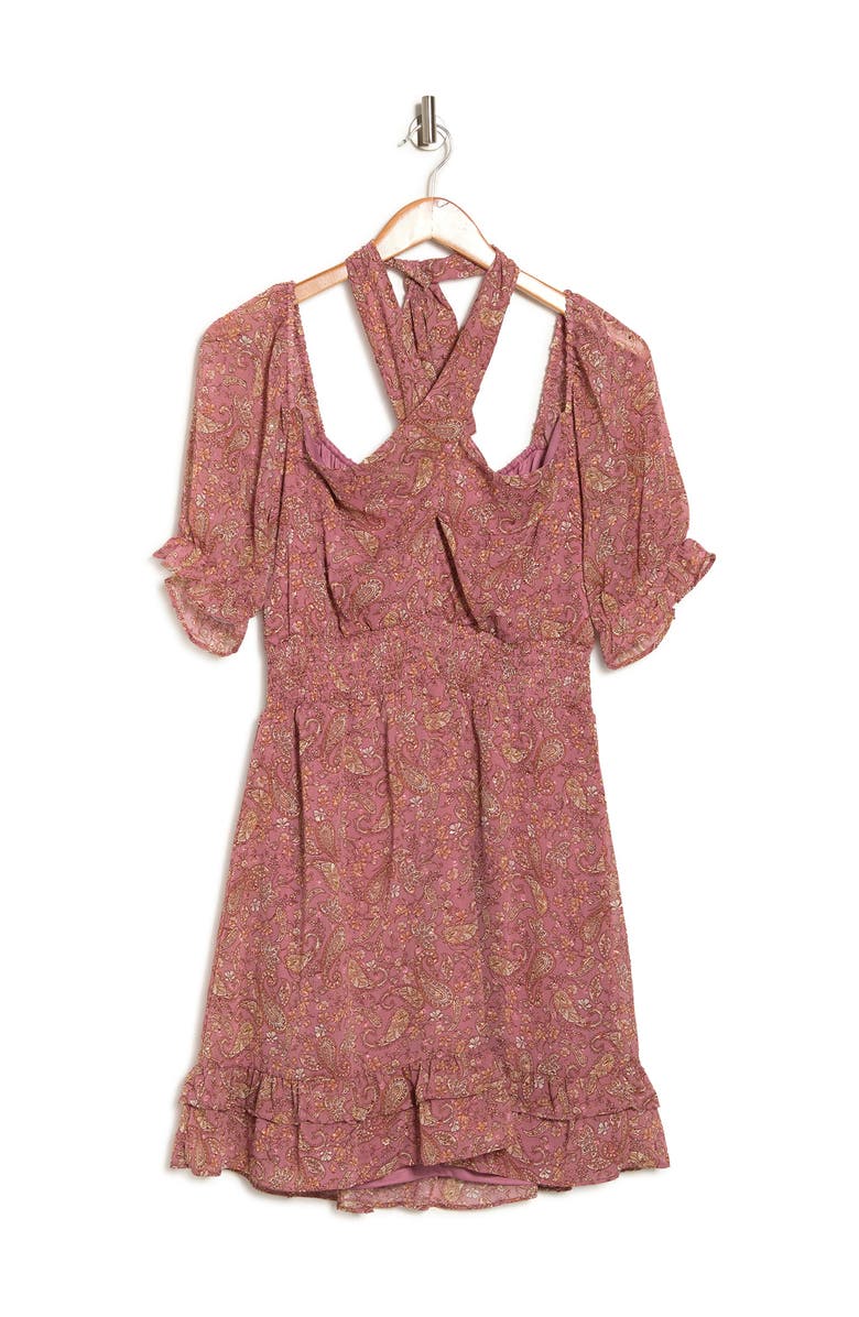 Lush Puff Sleeve Tie Front Ruffled Mini Dress, Alternate, color, 