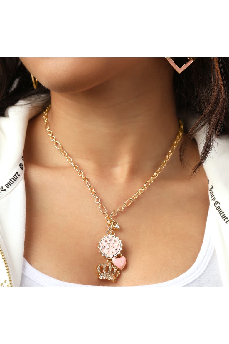 Gold-Tone Layered Charm Necklace with Pink Enamel Accents, Alternate, color, gold, pink