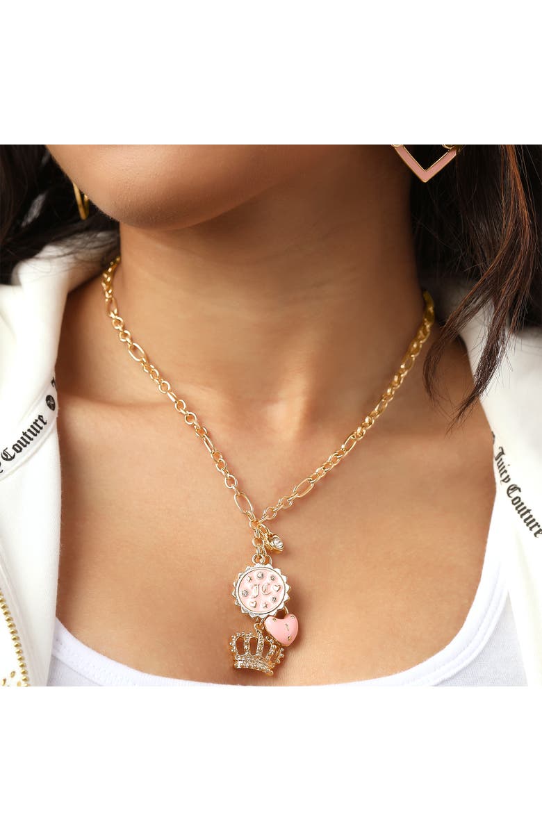 Juicy Couture Gold-Tone Layered Charm Necklace with Pink Enamel Accents, Alternate, color, Gold, Pink
