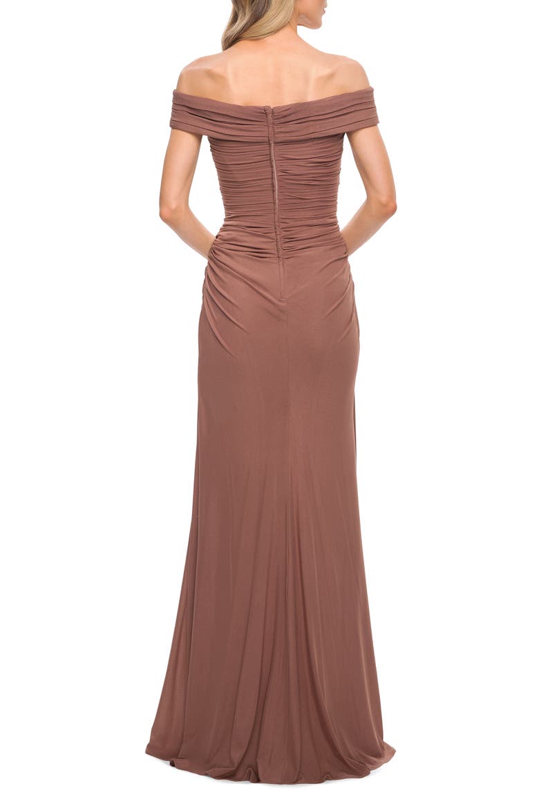 Off the Shoulder Ruched Jersey Trumpet Gown, Alternate, color, COCOA