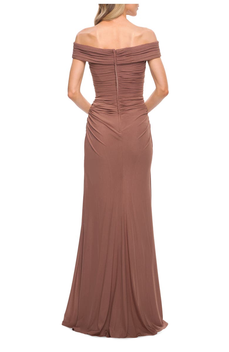 La Femme Ruched Off the Shoulder Net Jersey Evening Dress, Alternate, color, Cocoa