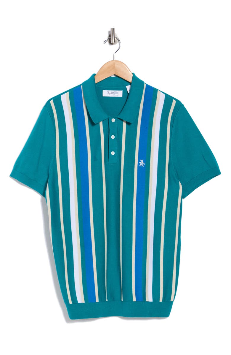 Original Penguin Stripe Cotton Polo Sweater, Main, color, Deep Lake