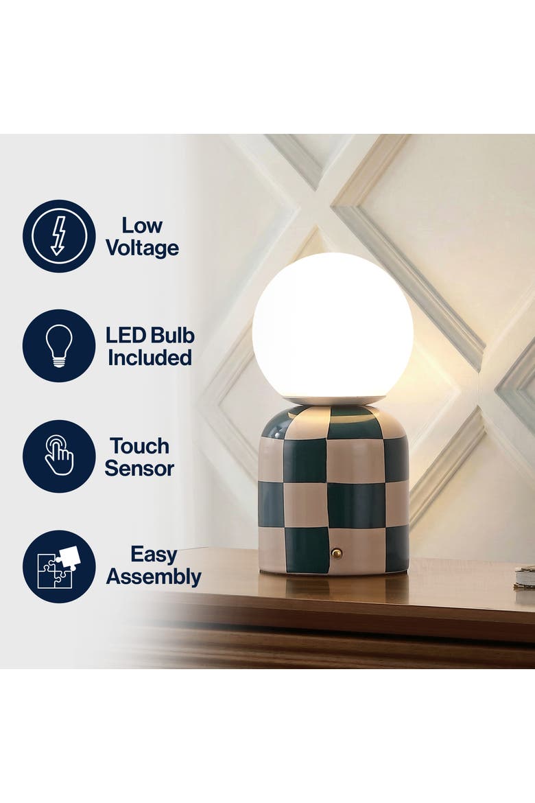 Zira Modern Checkerboard Ceramic Rechargeable Cordless Integrated Portable Dimmable with Frosted Globe Shade LED Table Lamp, Alternate, color, Dark Green/Cream