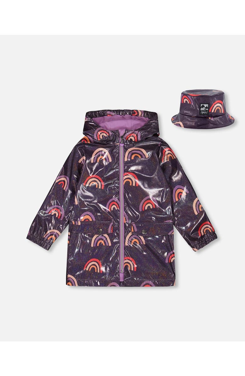 Deux par Deux Little Girl's Printed Rain Coat With Hat Rainbow On Shiny Background, Main, color,