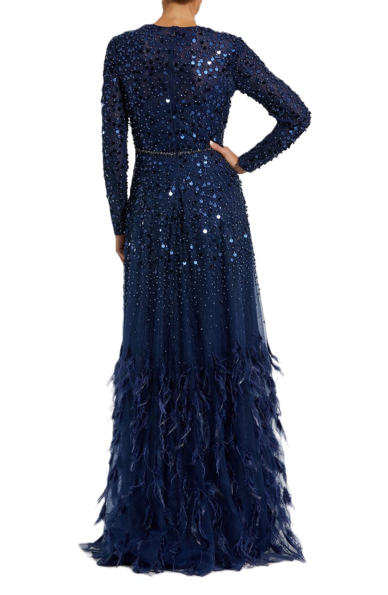 Mac Duggal Disc Embellished Sequin Gown with Feather Detail, Alternate, color, Midnight