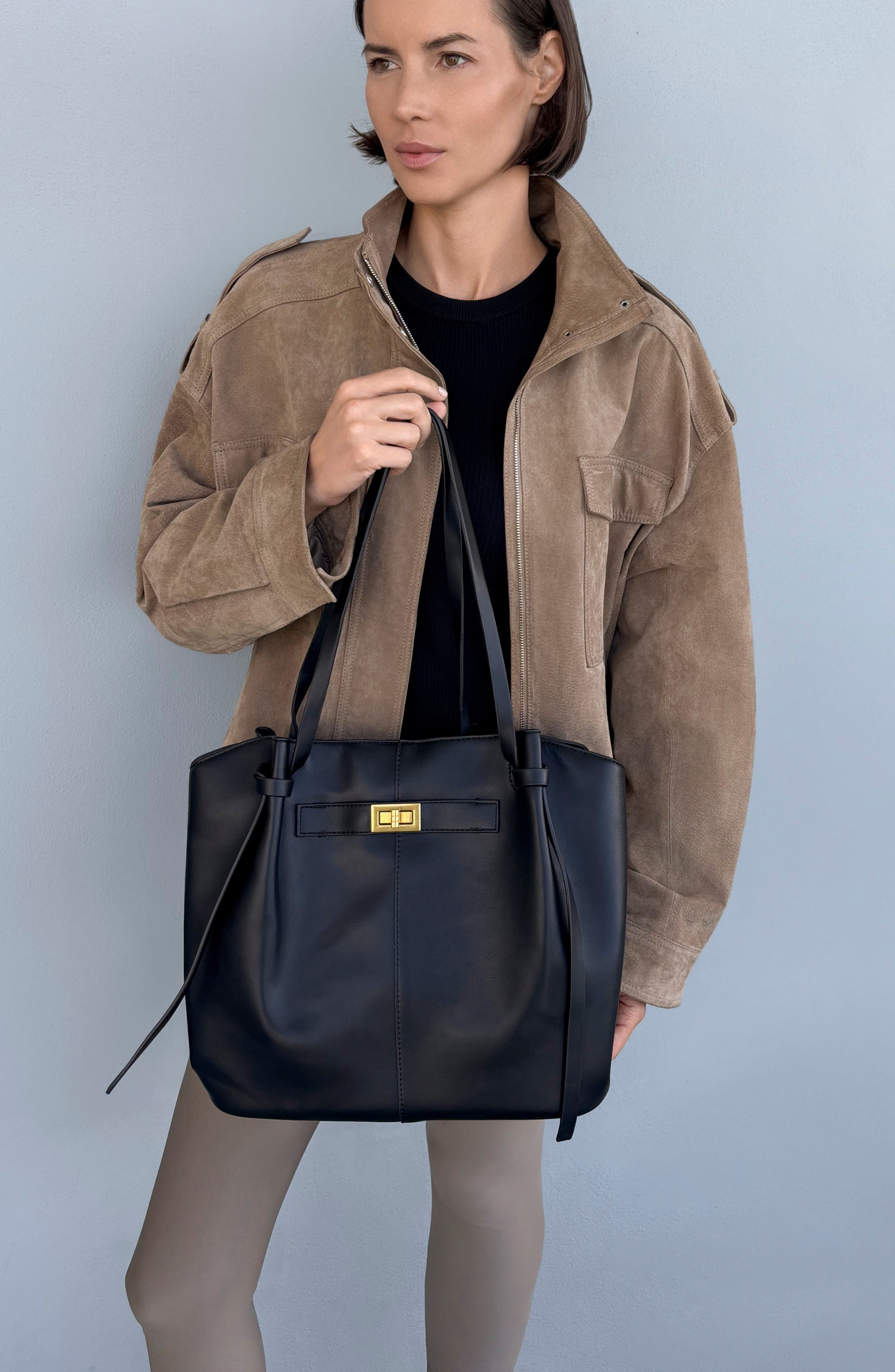 Belted Faux Leather Tote, Alternate, color, BLACK