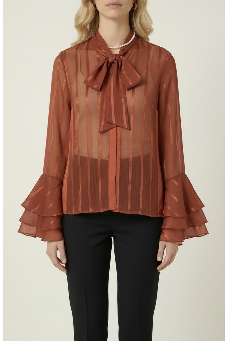 Sheer Blouse with Tie Neck Detail and Bell Sleeves, Main, color, Burnt Orange