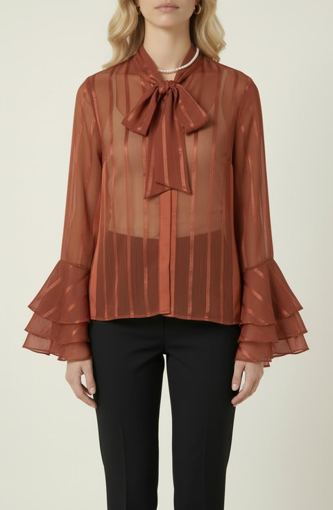 Sheer Blouse with Tie Neck Detail and Bell Sleeves