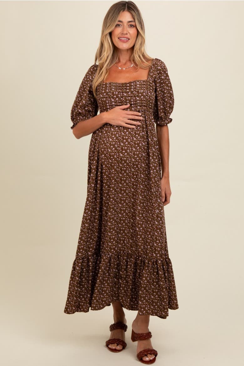 Floral Pleated Bodice Maxi Dress, Alternate, color, Mocha