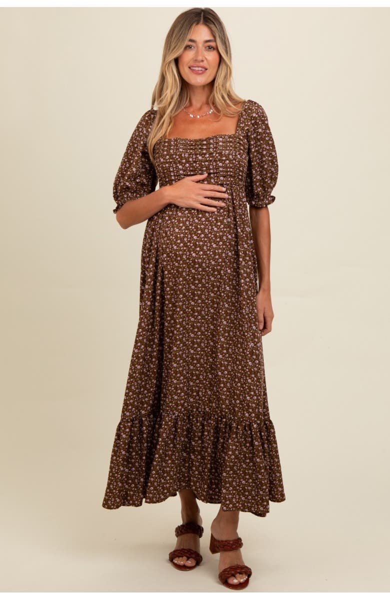 PinkBlush Floral Pleated Bodice Maxi Dress, Alternate, color, Mocha