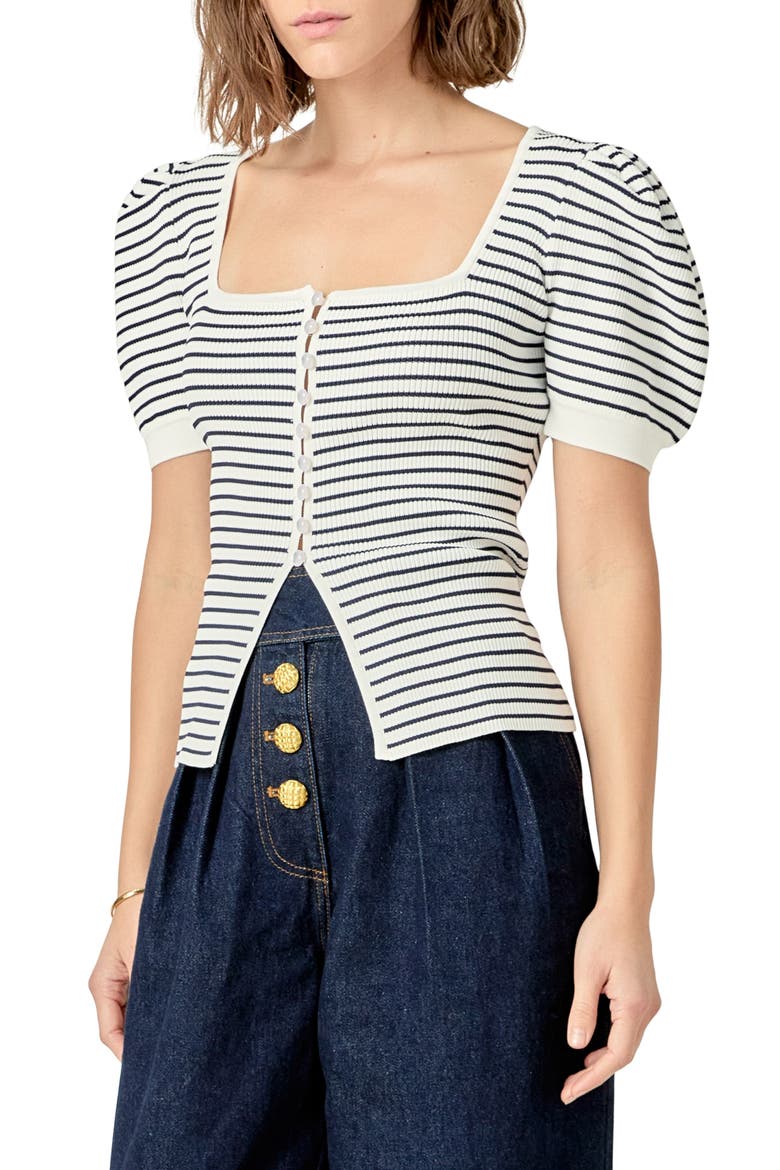 Square Neck Stripe Button Front Shirt, Alternate, color, NAVY/ WHITE